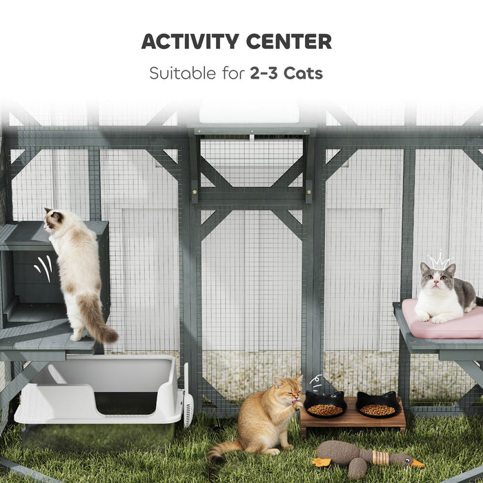 PawHut Catio Outdoor Cat Enclosure,  Wooden Cat House with Platforms, Condo and Waterproof Cover for 2–3 Kittens, Grey