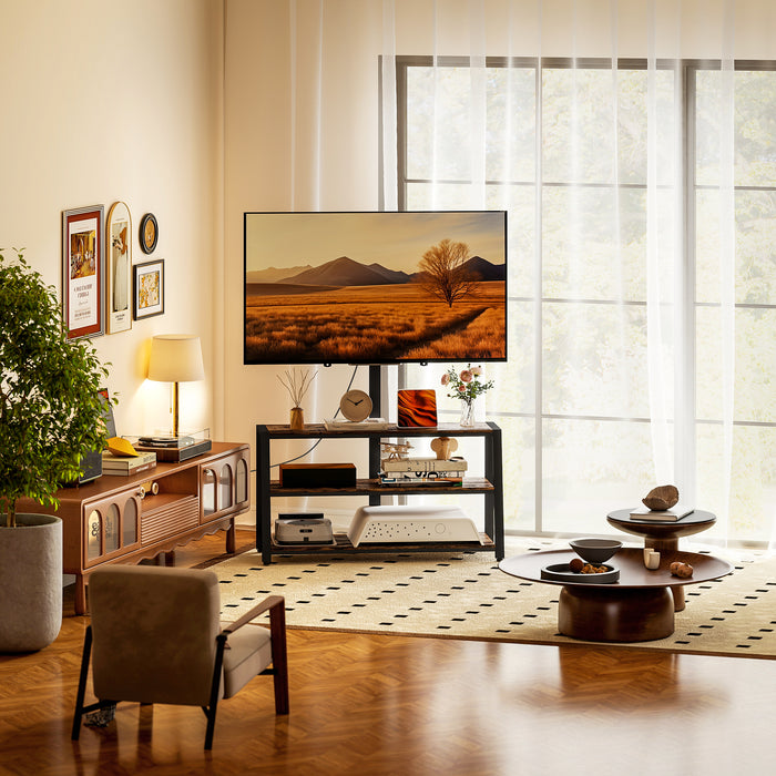 HOMCOM TV Stand Cabinet with Swivel Bracket for 32 - 65 Inch TVs, Industrial TV Cabinet with Open Shelves, Cable Management, Trapezoid-Shaped Steel Frame for Living Room, Bedroom, Rustic Brown