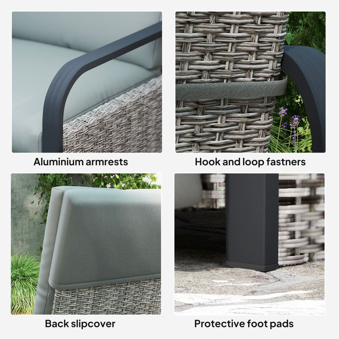 Outsunny Rattan Garden Recliner Chair, Reclining Rattan Chair with Adjustable Backrest and Footrest, Outdoor Lounge Sun Lounger with Cushion, Side Tray and Aluminium Armrests, Light Grey/Dark Grey