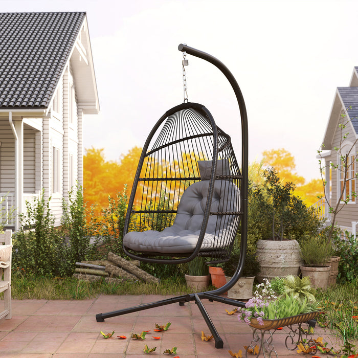Outsunny Rattan Hanging Egg Chair with Stand, Foldable Wicker Swing Egg Chair with Cushion, Head Pillow, Steel Frame, Hammock Chair for Indoor Outdoor, Capacity 150 kg, Dark Grey