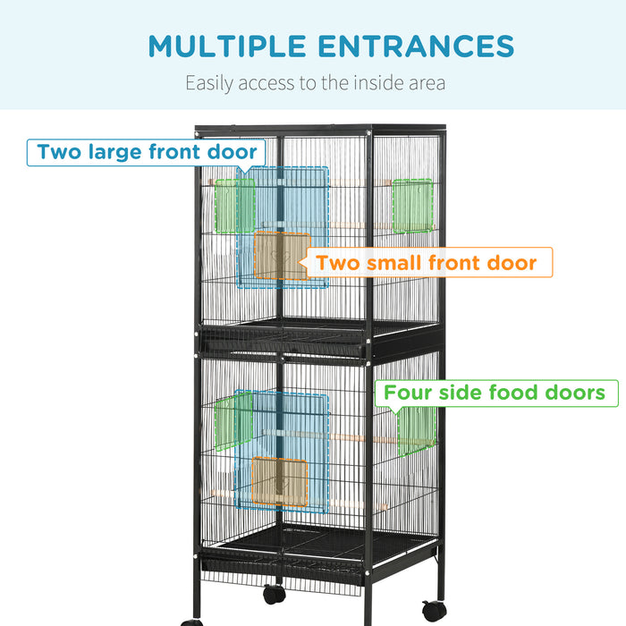 PawHut Bird Cage Budgie Cage 2 In 1 Large Aviary with Wheels Removable Trays for Finch Canaries Cockatiels Black