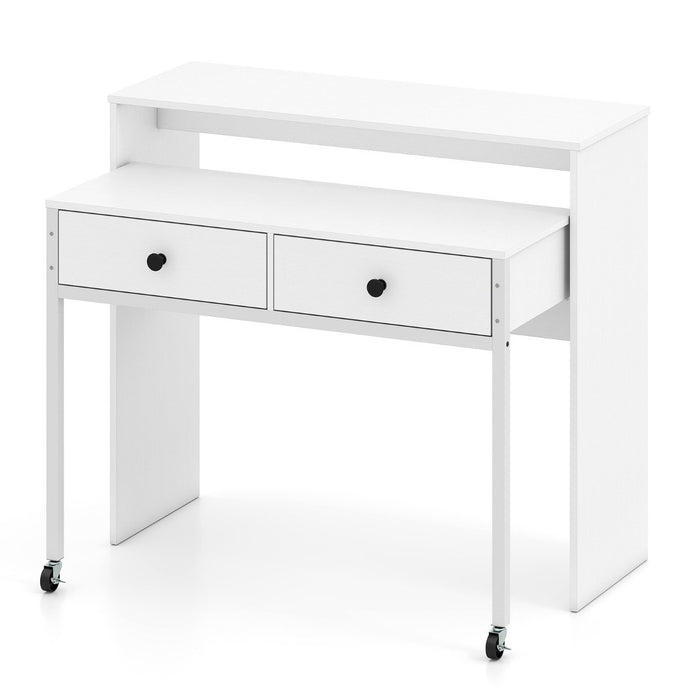 Extendable Computer Desk with 2 Storage Drawers Convertible Home Office Desk -