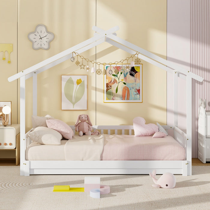 Single to Double Daybed with Safety Guardrail and Roof Frame1-White-Twin size