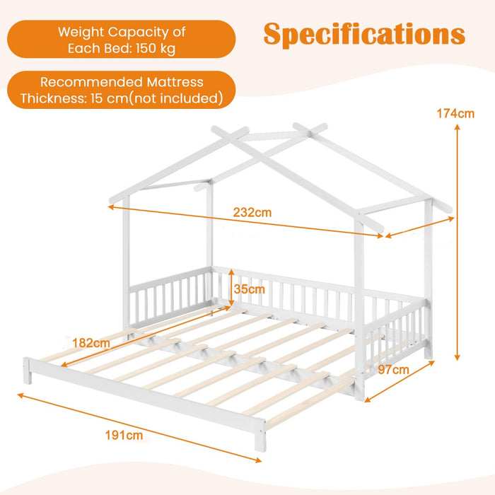 Single to Double Daybed with Safety Guardrail and Roof Frame1-White-Twin size