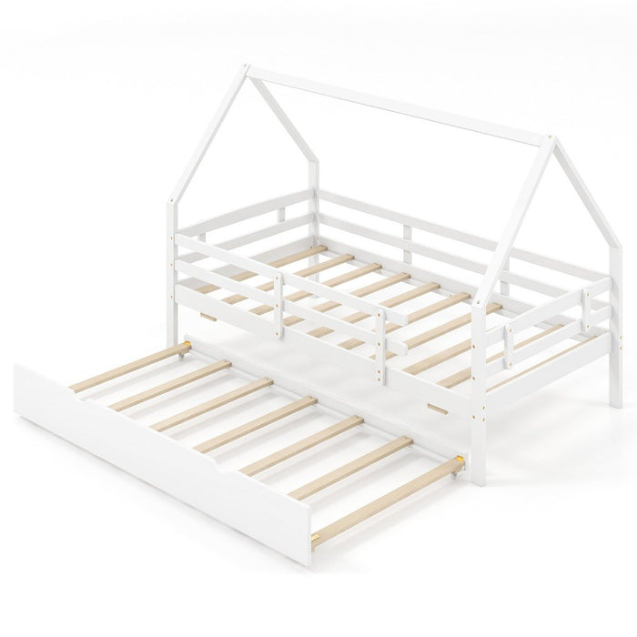 Kids House Bed with Trundle with Full Length Safety Guardrails and Roof-White-
