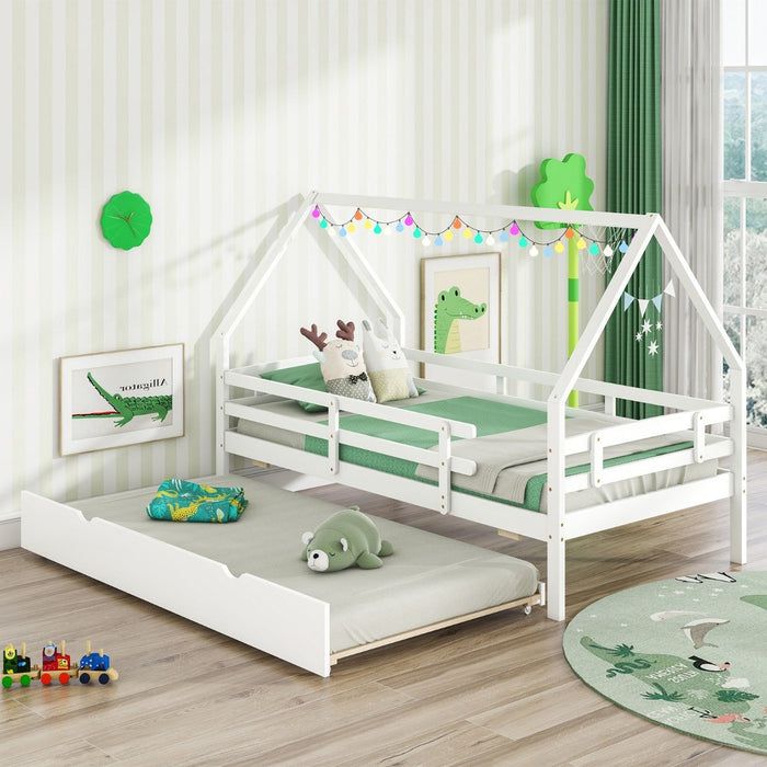 Kids House Bed with Trundle with Full Length Safety Guardrails and Roof-White-