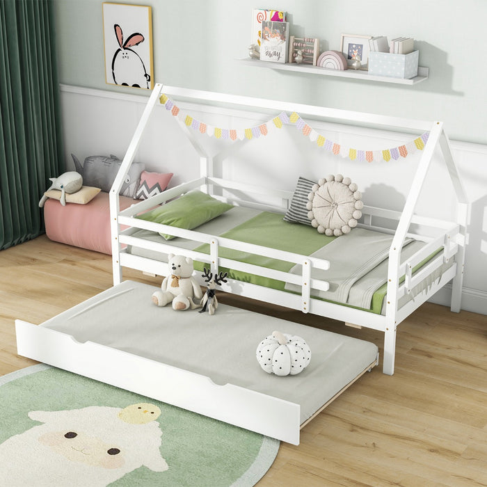 Kids House Bed with Trundle with Full Length Safety Guardrails and Roof-White-