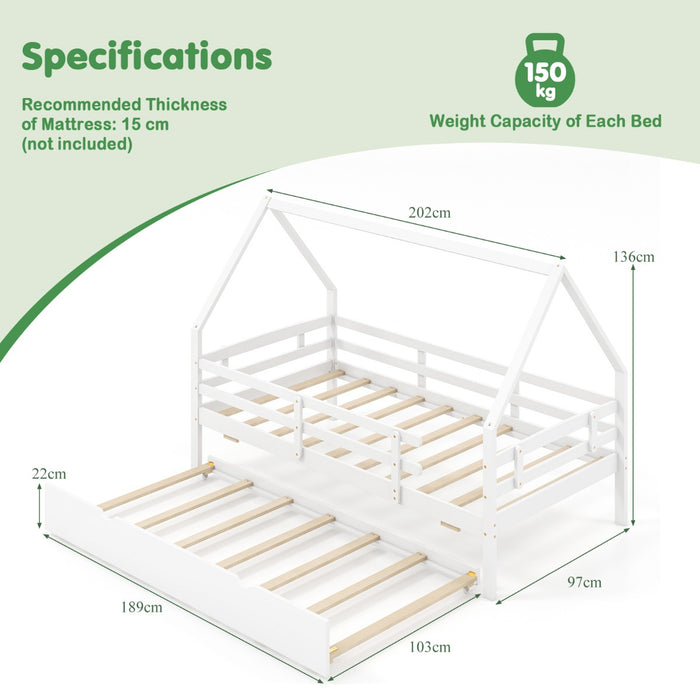 Kids House Bed with Trundle with Full Length Safety Guardrails and Roof-White-