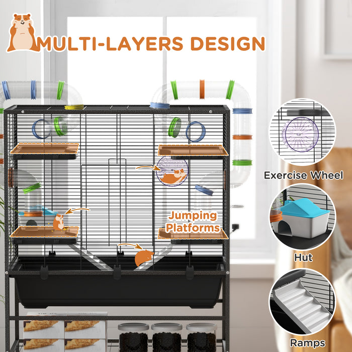 Extra-Spacious Hamster & Gerbil Habitat with Fun Tubes - Includes Storage Shelf, Ramps, Platforms, Exercise Wheel - Black - Ideal for Active Small Pets & Easy Maintenance