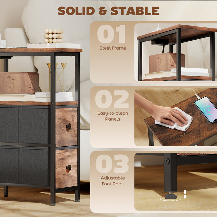 HOMCOM Side Table, Narrow Bedside Table with Charging Station, 2 Drawers, AC Outlet and 2 USB Ports for Living Room, Bedroom