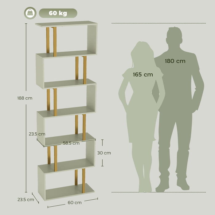 HOMCOM S-Shaped Bookshelf, 5-Tier Bookcase, Freestanding Storage Shelves with Anti-Tip Strap for Living Room, Light Green