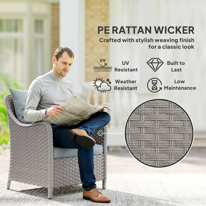 Outsunny Rattan Garden Chairs Set of 2, Outdoor Rattan Chairs with Cushions, Armrests and High Back, PE Wicker Garden Armchair with Steel Frame for Balcony, Porch, Light Grey