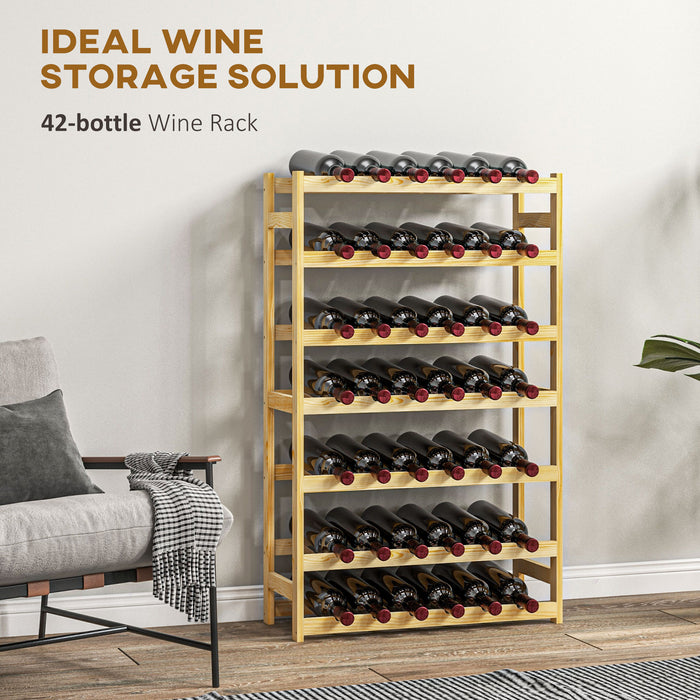 Wooden Wine Rack for 42 Bottles - Elegant Natural Finish - Ideal Storage for Wine Collectors and Home Bars