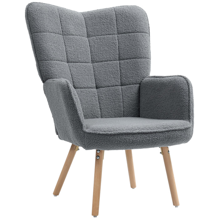 HOMCOM Modern Accent Chair, Upholstered Tufted Wingback Armchair with Seat Padding, Leisure Lounge Bedroom Chair with Wood Legs, Dark Grey