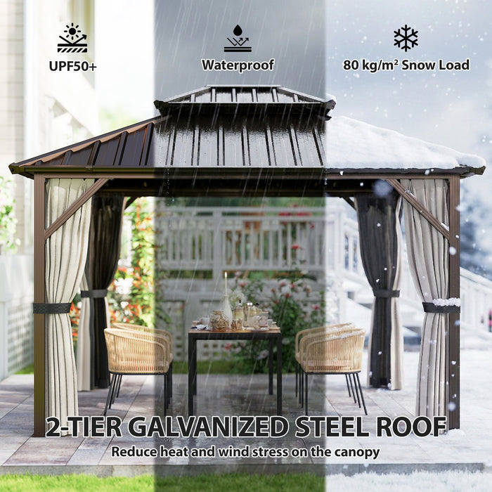 Outsunny 3x3.6 m Hardtop Gazebo Canopy with UPF50+ Double Galvanised Steel Roof, Aluminium Garden Gazebo Permanent Pavilion, Brown