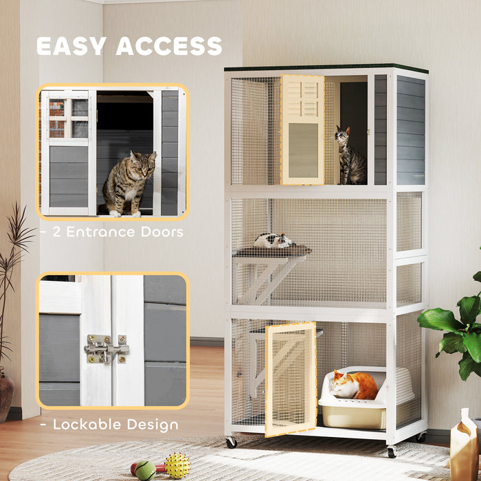 PawHut Wooden Catio Cat Outdoor Enclosure, Cat Cage with Waterproof Roof, Platforms, for Multiple Cats, White