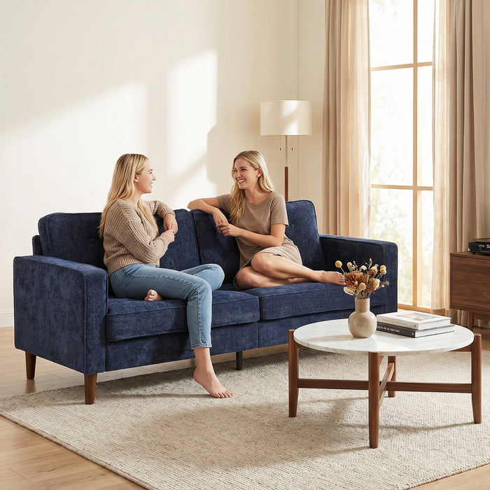HOMCOM 3 Seater Sofa Button Tufted Upholstered Velvet Couch with Wood Legs for Living Room, Dark Blue