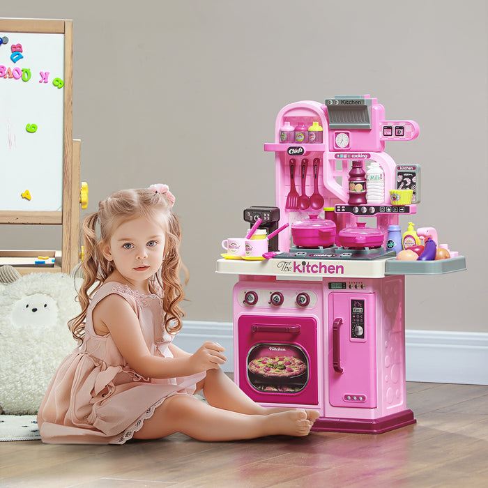 AIYAPLAY Kids Kitchen with 33 Piece Accessories, Lights, Sounds, Storage, for Children 3-6 Years, Pink | Aosom UK
