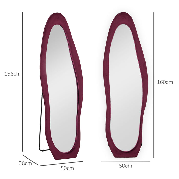 HOMCOM Arched Full Length Mirror, Irregular Wavy Mirror, 160 x 50cm Free Standing/Leaner/Wall Mirror with Velvet Frame for Living Room, Bedroom, Wine Red