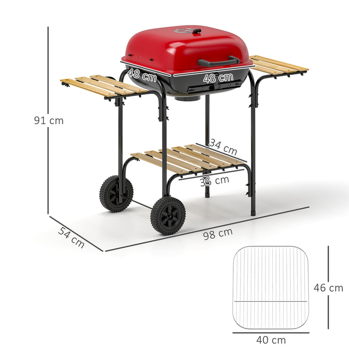 Outsunny Charcoal Barbecue Grill Portable BBQ Grill with 1840 cm² Cooking Area, 3 Shelves, Adjustable Vent, Lockable Lid, Wheels for Outdoor Cooking, Garden Party, Red