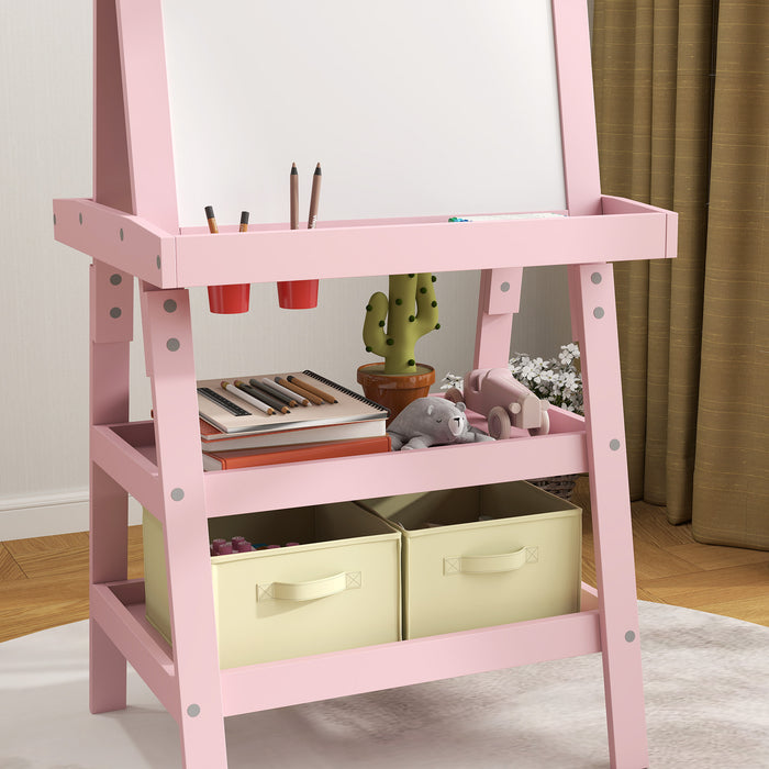 AIYAPLAY 3 in 1 Kids Easel Double-Sided Magnetic Whiteboard and Chalkboard with Paper Roll, Storage Baskets - Pink | Aosom UK