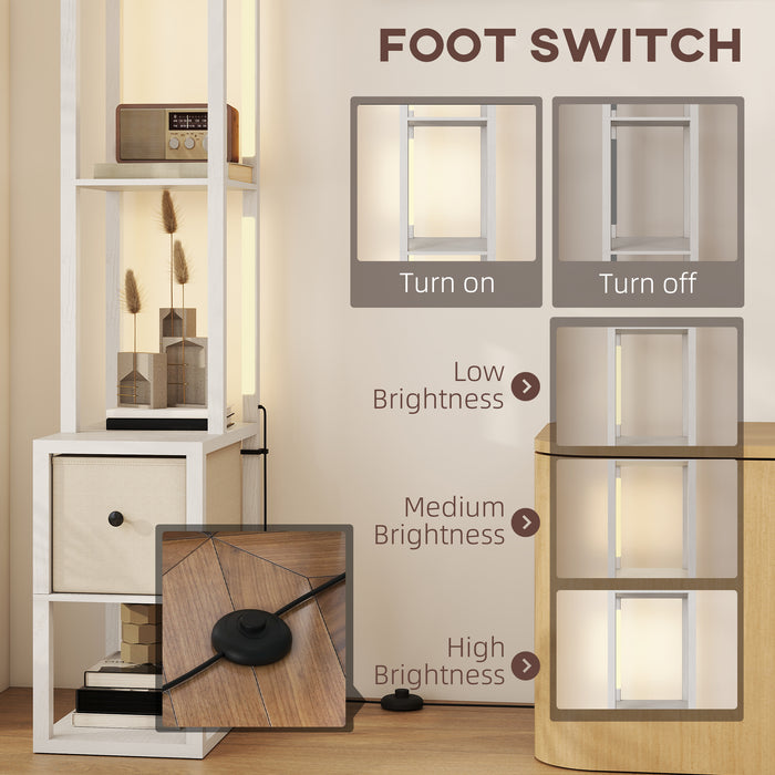 HOMCOM Floor Lamp with Shelves, LED Column Modern Standing Lamp with Fabric Drawer, Adjustable Brightness, Foot Switch for Living Room, Bedroom, Office, White