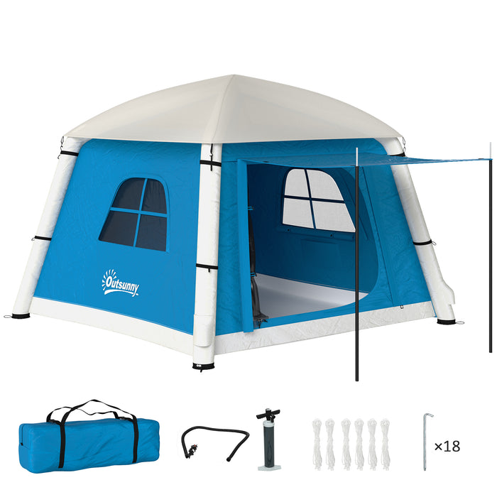 Outsunny Inflatable Camping Tent w/ Hand Pump, Easy Setup 1/2 Person Blow Up Tent Waterproof 190T Taffeta w/ Mesh Windows, Doors and Carry Bag, Light Blue