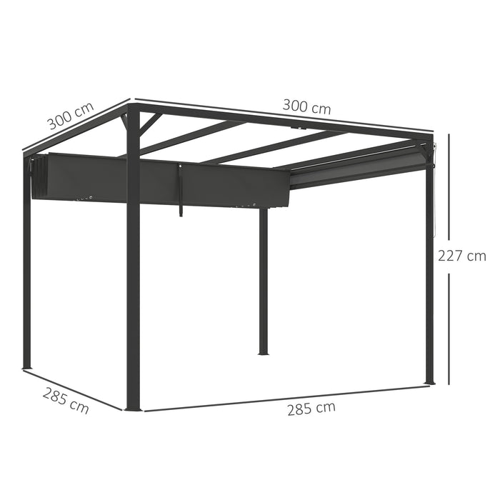 Outsunny 3 x 3(m) Garden Pergola with Retractable Roof Canopy and Roller Shade, Aluminium Pergola Kit Gazebo, UPF30+ Sun Shade Shelter for Deck, Porch, Dark Grey