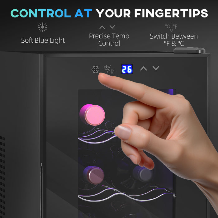 HOMCOM Mini Freestanding Wine Cooler Fridge, 8 Bottle, 21L, 26.5cm Quiet Thermoelectric Under Counter Drinks Beer Wine Fridge with Glass Door, LED Light, Digital Touch Screen, Temperature Control