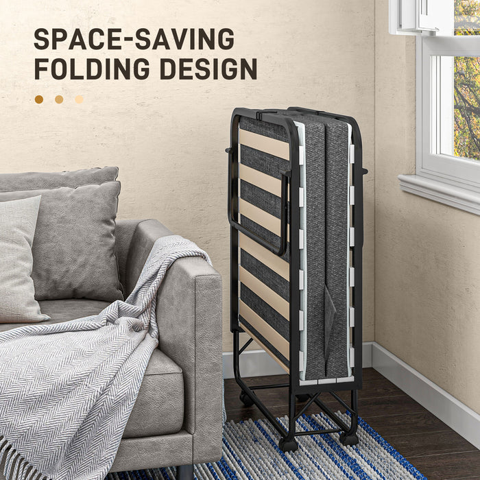 HOMCOM Folding Bed with Mattress, Foldable Guest Bed on Wheels, Portable Single Bed with 10cm Mattress, Side Pockets, Cover, 190 x 80cm, Dark Grey