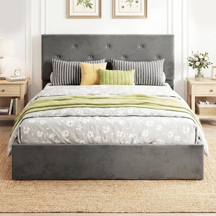 HOMCOM Double Bed Frame Gas End Lift Under Bed Storage Upholstered Platform Bed Tufted Headboard for 140 x 190 cm Mattress