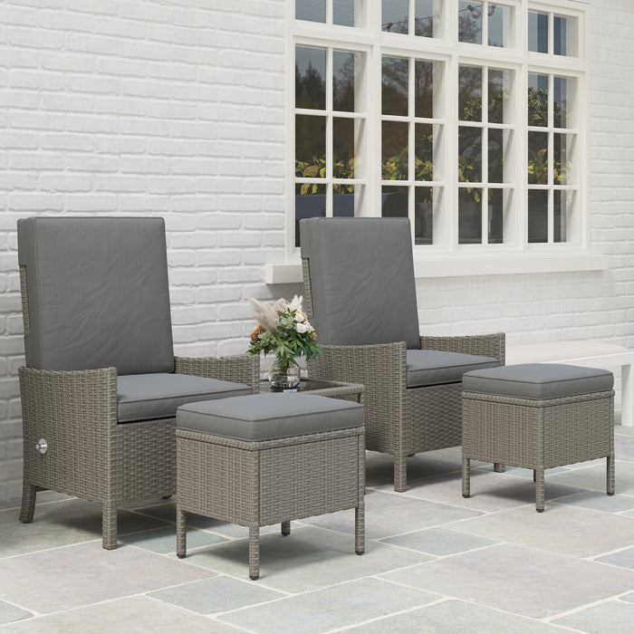 Outsunny 5 Piece Rattan Garden Furniture Set, Wicker Outdoor Furniture with 2 Armchairs, 2 Footstools and Glass Top Coffee Table with Shelf, Cushions for Patio Balcony, Dark Grey