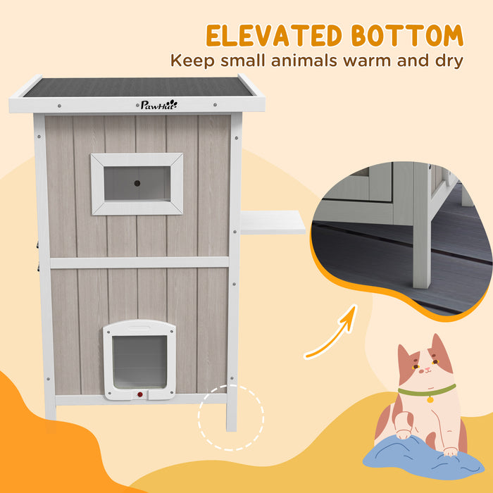 2-Tier Wooden Cat House with Asphalt Roof and Escape Doors - Weatherproof Outdoor Cat Shelter with Removable Floor - Ideal for 1 to 2 Cats, Light Grey