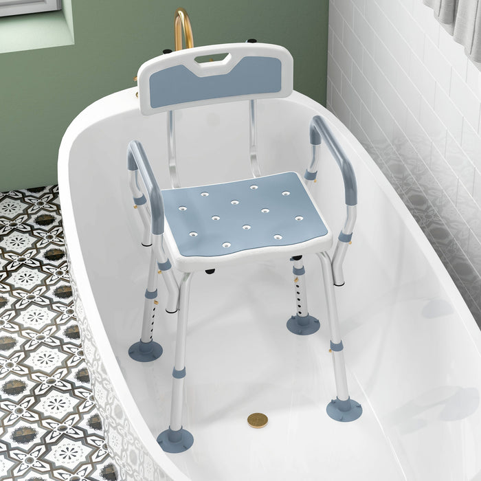 HOMCOM EVA Padded Shower Chair for the Elderly and Disabled, Height Adjustable Shower Stool with Back and Arms, 4 Suction Foot Pads, Light Blue | Aosom UK