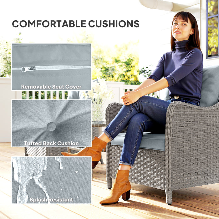 Outsunny Rattan Garden Chairs Set of 2, Outdoor Rattan Chairs with Cushions, Armrests and High Back, PE Wicker Garden Armchair with Steel Frame for Balcony, Porch, Light Grey