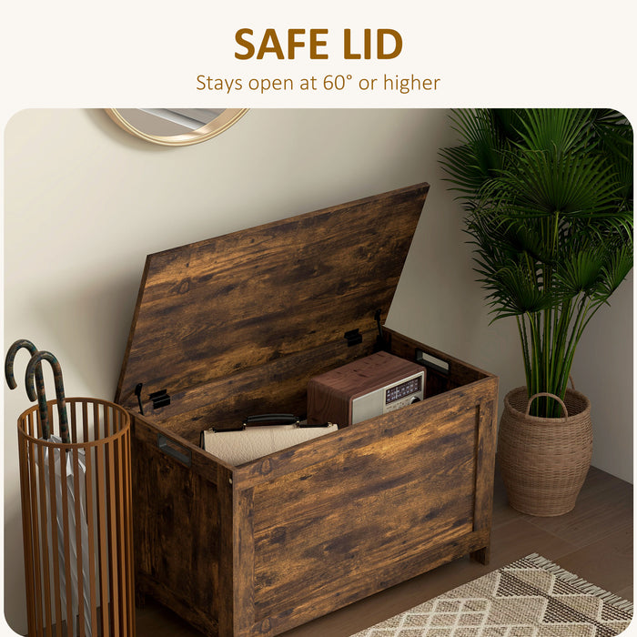 HOMCOM Storage Chest, Modern Storage Trunk with 2 Safety Hinges and Cut-out Handles, Wooden Toy Box for Living Room, Entryway, 76 x 40 x 48 cm, Rustic Brown