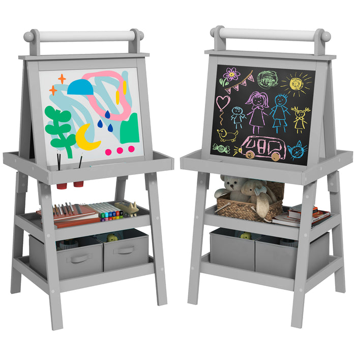 Aosom 3-in-1 Kids Easel - Double-Sided Magnetic Whiteboard & Chalkboard, Paper Roll, Storage Baskets - Creative Learning Tool for Children