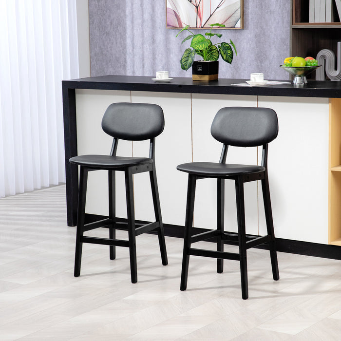 Modern Breakfast Bar Stools Set of 2 - Faux Leather Upholstered Chairs with Wood Legs and Backs, Black - Ideal for Kitchen and Dining Comfort