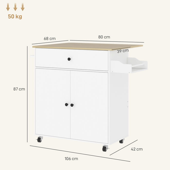 HOMCOM Rolling Kitchen Island with Drop Leaf, Kitchen Storage Cart with Drawer, Spice Rack and Towel Rack, White