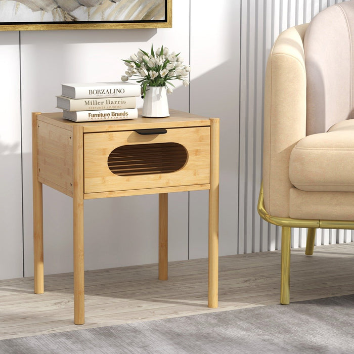 Farmhouse Bedside Table with Tempered Glass Decorated Drawer-