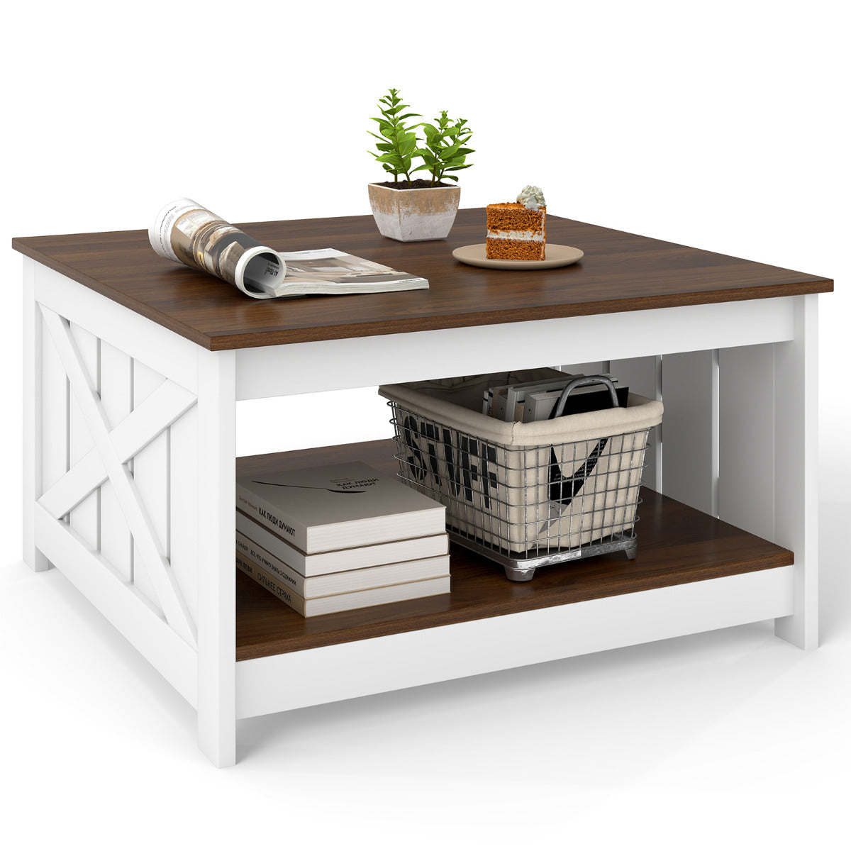 Farmhouse Coffee Table with Storage Shelf and Open Compartment-