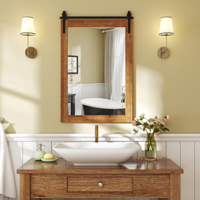 Farmhouse Rustic Bathroom Wall Mirror with Wood Frame-Brown
