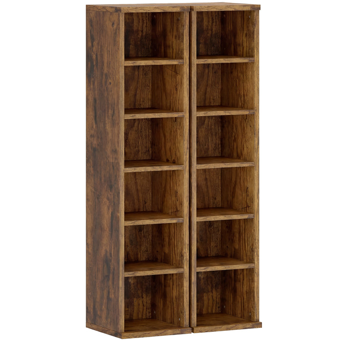 HOMCOM Set of 2 CD Media Display Shelf Unit Tower Rack with Adjustable Shelves, Rustic Brown