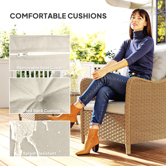 Outsunny Rattan Garden Chairs Set of 2, Outdoor Rattan Chairs with Cushions, Armrests and High Back, PE Wicker Garden Armchair with Steel Frame for Balcony, Porch, Beige