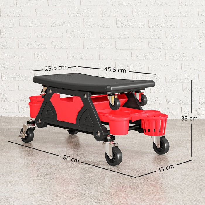 HOMCOM Rolling Mechanic Stool, 135kg Capacity Workshop Stool with 360° Swivel Wheels, Roller Creeper Seat with Slide Out Tool Trays, Drawer, Bottle Holders for Garage, Shop, Auto Repair, Red