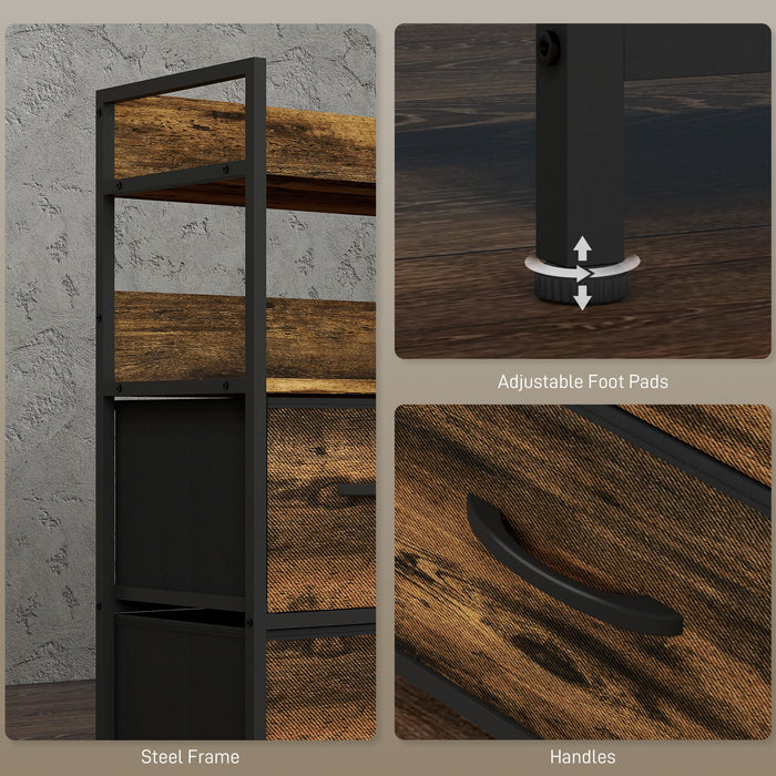 Rustic Wood-Effect Storage Unit - Chest with 5 Brown Fabric Drawers - Ideal Organizer for Bedroom or Living Spaces