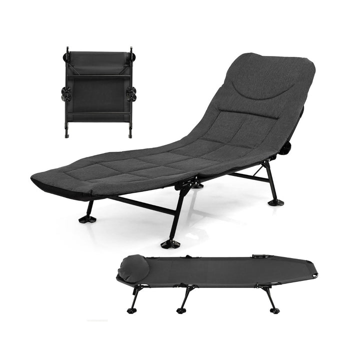 Portable Outdoor Cot - Folding Camping Bed with 6-Position Adjustable Backrest and Detachable Mattress, Grey - Ideal for Campers and Outdoor Enthusiasts