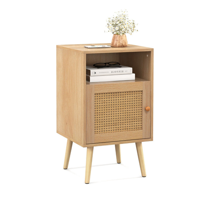 Rattan Nightstand - Storage Equipped, PE Rattan Decorated Door Feature - Ideal for Home Decor and Organization