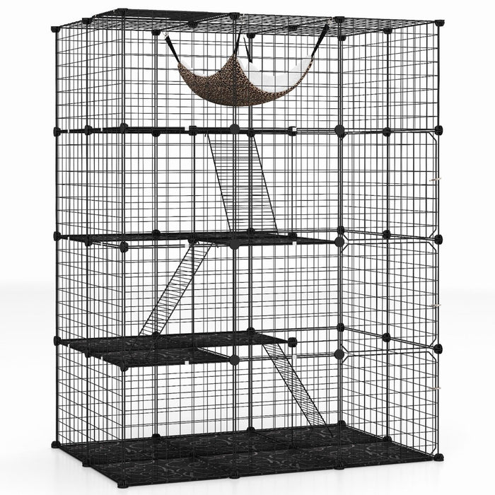 4 Tier Large Cat Enclosure with Comfy Hammock Ladders and Doors-Black