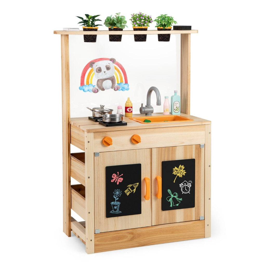 Fir Wood Play Kitchen with Planting Pots and Removable Sink for Backyard Garden-